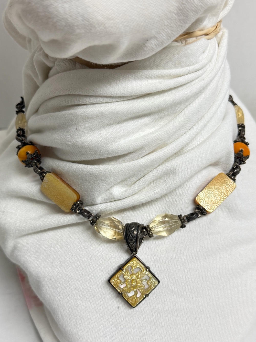 Vintage 90’s Stephen Dweck .925 Silver Pearl Amber, Citrine & Quartz Necklace